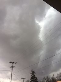 Low angle view of power cables against cloudy sky