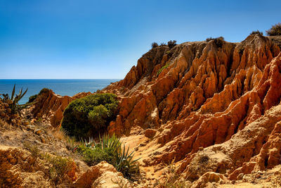 Scenic view of rocks in sea against clear sky