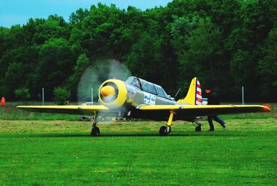 Airplane on grass against trees