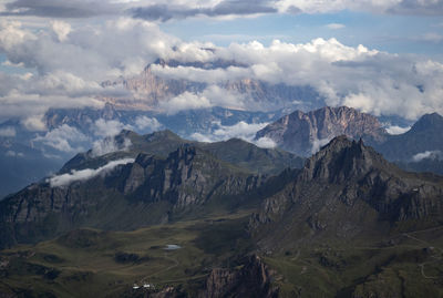 Scenic view of mountains against cloudy sky