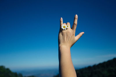 Midsection of person holding flower against clear blue sky