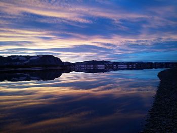 Scenic view of lake against sky at sunset