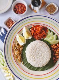 High angle view of food served on table