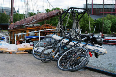 Bicycles parked on road in city