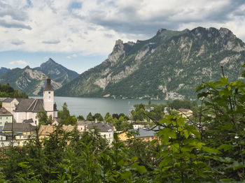 Scenic view of lake and mountains against sky