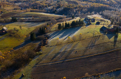 Aerial view of autumn mountain countryside farm by drone