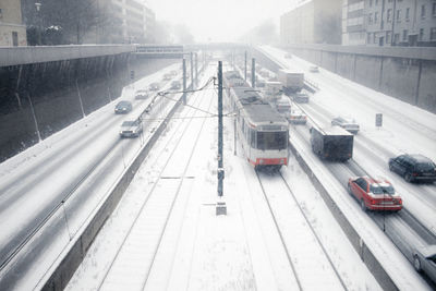 High angle view of railroad tracks in winter