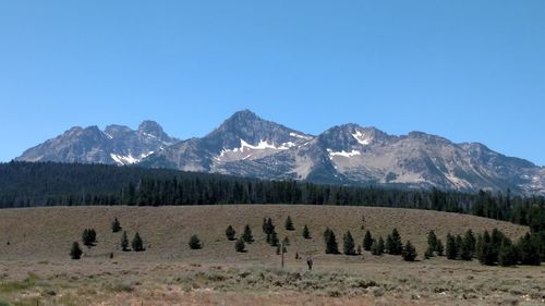 Scenic view of field and mountains against clear blue sky