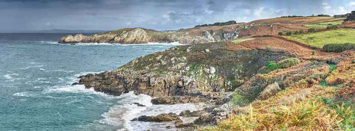 Overview of rocky coastline near beuzec-cap-sizun, brittany, france, from the coastal footpath