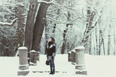 Woman on snow covered tree