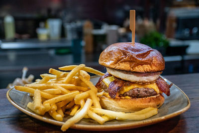Close-up of burger in plate