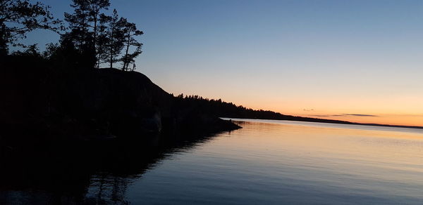 Scenic view of lake against clear sky during sunset