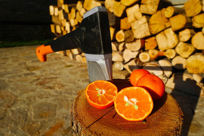 Close-up of pumpkin on wooden table during halloween