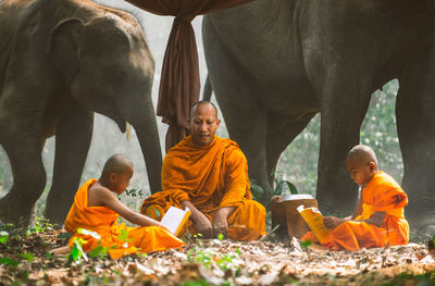 Monks reading books while sitting by elephant at forest