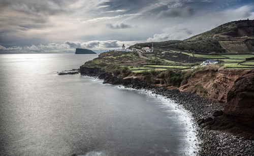 Scenic view of bay against sky