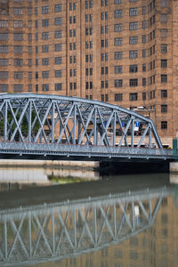 Bridge over river with buildings in background