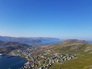High angle view of landscape against clear blue sky