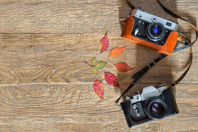 High angle view of camera on table