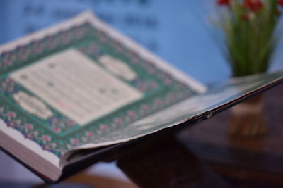 Close-up of open book on table