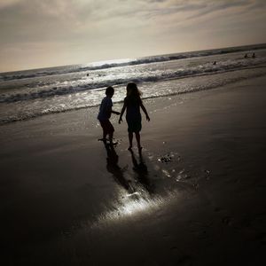 Friends standing on beach against sky