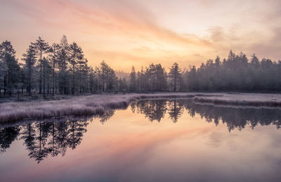 Scenic view of lake against sky at sunset