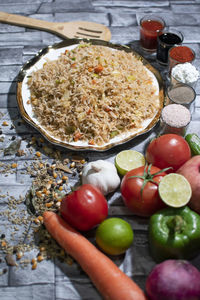 High angle view of food on table