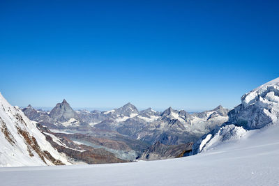 Scenic view of snowcapped mountains against clear blue sky