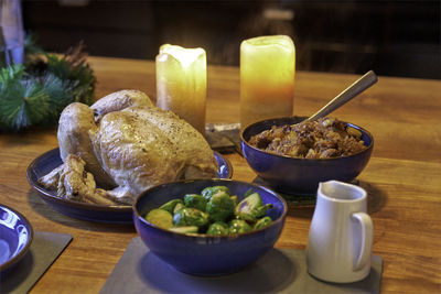Close-up of food served on table
