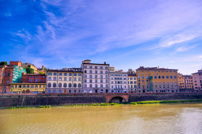 Buildings by river against blue sky