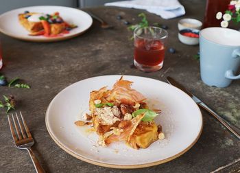 High angle view of meal served on table