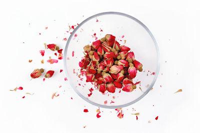 High angle view of red berries on table against white background