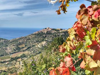 Scenic view of sea and mountains against sky