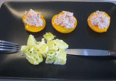 High angle view of food in plate on table