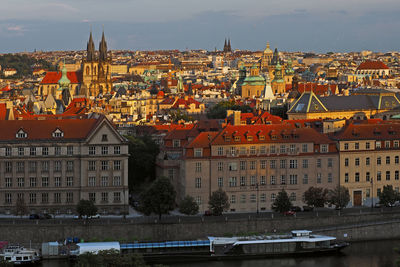 View of old town in prague and river vltava from hanavelsky pavilon, prague, czech republic