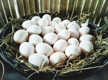 High angle view of eggs in basket