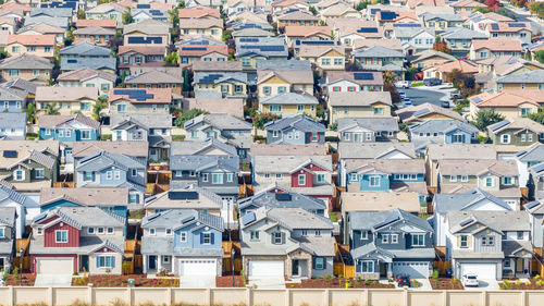 High angle view of buildings in city