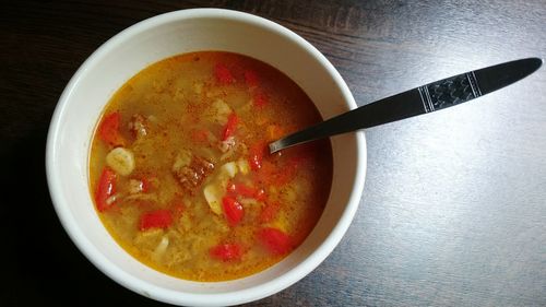 High angle view of food in bowl on table at home