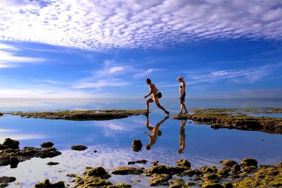 sky, water, tranquility, cloud - sky, tranquil scene, scenics, nature, beauty in nature, cloud, full length, reflection, lake, sea, horizon over water, blue, day, outdoors, cloudy