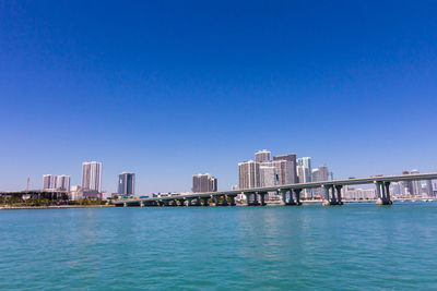 City at waterfront against blue sky