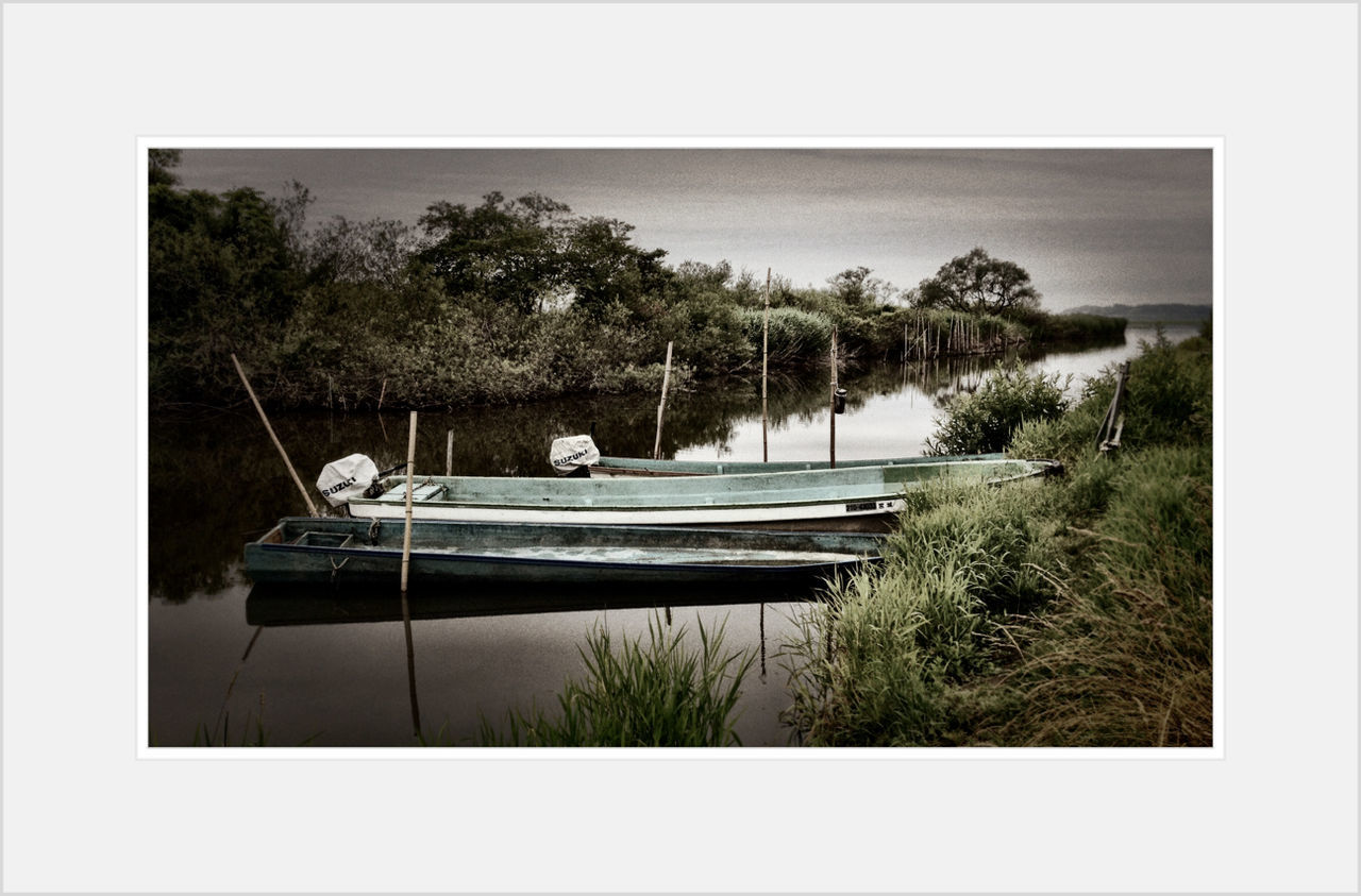 transfer print, nautical vessel, water, boat, auto post production filter, moored, transportation, mode of transport, tree, lake, tranquility, tranquil scene, nature, river, scenics, day, beauty in nature, sky, outdoors, clear sky