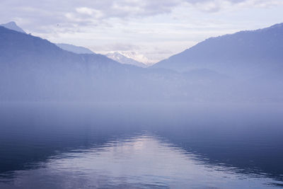 Scenic view of lake and mountains against sky