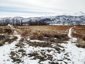 Snow covered landscape against sky