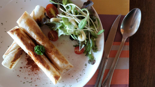 High angle view of breakfast served on table