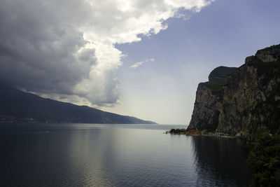 Panoramic view of sea and mountains against sky