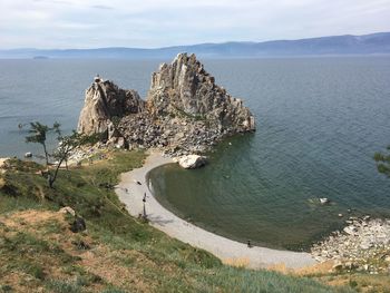 High angle view of rocks in sea against sky