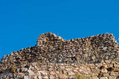 Low angle view of rock formation against clear blue sky