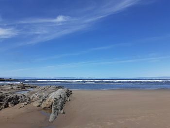 Scenic view of beach against blue sky