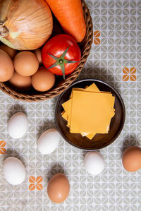 High angle view of fruits in bowl on table