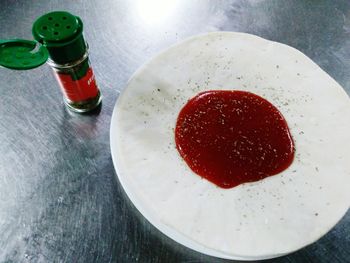 High angle view of ice cream in plate on table