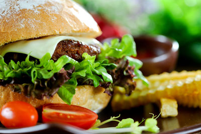 Close-up of burger in plate